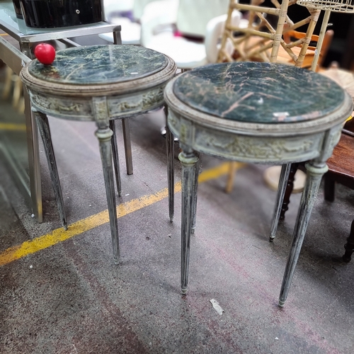 352 - Star lot : A pair of attractive Italian cold marble topped round side tables featuring carved detail... 