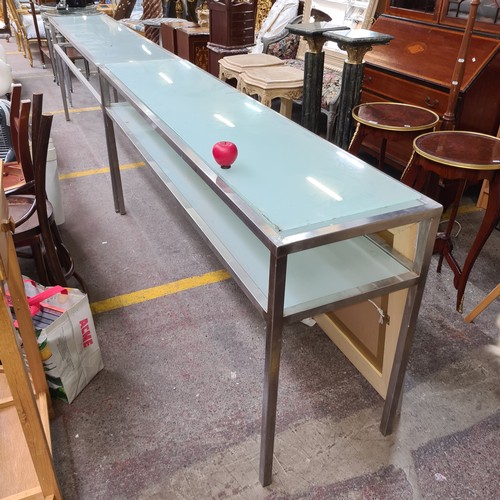 355 - Star lot : Two very long console table with opaque glass and Stainless steel frames, could be commer... 