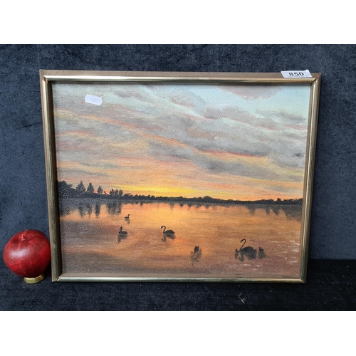 850 - A serene original oil on canvas painting. Features a sunset river landscape scene with swans. Render... 