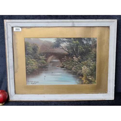 860 - A serene original 'C Burt' oil on board painting titled 'Brickeen Bridge'. Features the titular Iris... 