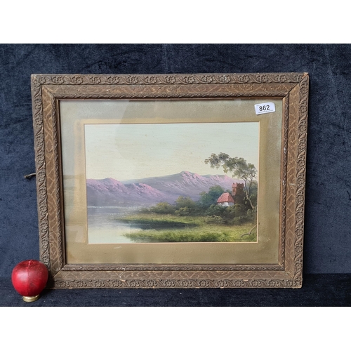 862 - An original oil on board painting. Features a tranquil landscape scene with a riverside cottage and ... 