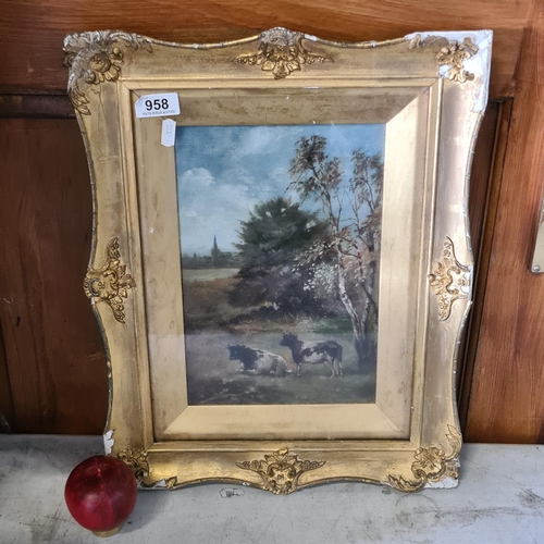 958 - A late 19th century original oil on canvas painting. Features a cattle in grassland with a church in... 