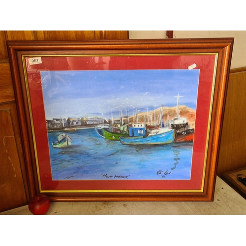 961 - A large original acrylic on board painting titled 'Howth Harbour'. Features the titular landscape sc... 