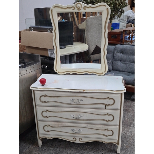 399 - A vintage rustic French shabby chic style painted bedroom dressing table with mirror. Three good six... 