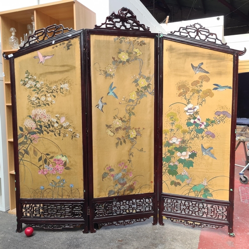 505 - Super Star Lot : A stunning very large Chinese three panel room divider with all hand painted bird a... 