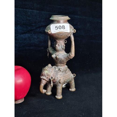 508 - Star Lot : An Antique  Indian Dhokra 'Panchdipa Lakshmi' Oil Lamp. Features Panchdipa, The Goddess o... 