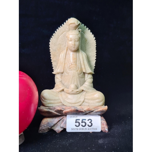 553 - Star Lot : A Chinese antique  carved soapstone seated Guan Yin meditation statue. 
MM: 14 cm height