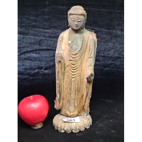 561 - Star Lot : A very early 17th century Japanese  standing wooden figure of Amida Buddha with gilt deta... 