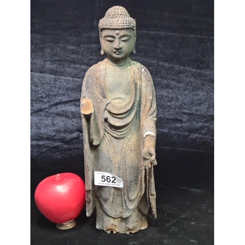 562 - Star Lot : A very early 17th century  standing wooden figure of Amida Buddha. The face has a serene ... 