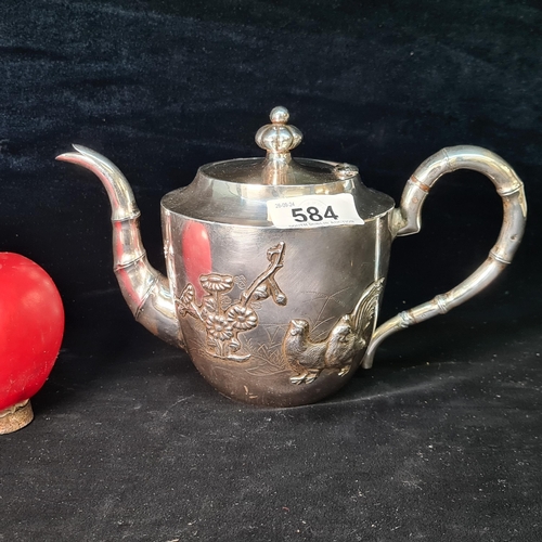 584 - Star Lot : A vintage Chinese export silver (840-960 silver contact) tea pot with bamboo handle and s... 