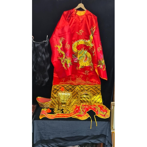 600 - A traditional Asian emperors costume with kimono, headdress's, collar, belt and beard. A very fun lo... 