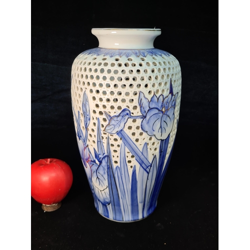 603 - Star Lot : A beautiful 19th Century Japanese Hirado underglaze blue and white reticulated vase with ... 