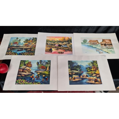 609 - A series of four original oil on fabric paintings. Features traditional Vietnamese narrative scene w... 