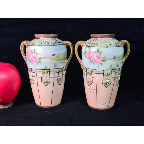 619 - A very pretty pair of vintage Japanese Noritake twin handle porcelain miniature vases. Both in good ... 