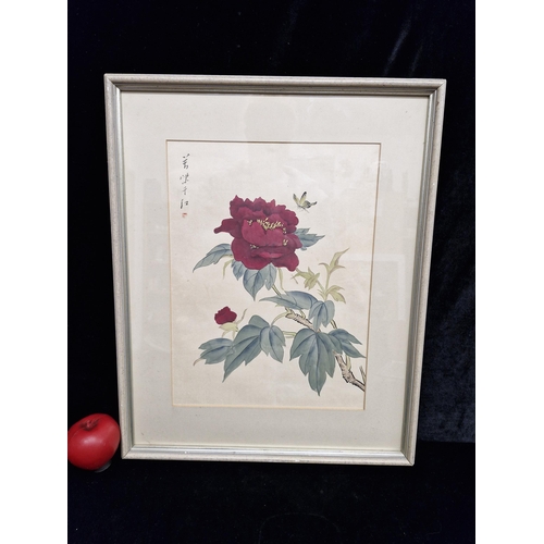 626 - A wonderful Chinese gouache on silk painting. Features a botanical study of flower with a butterfly.... 