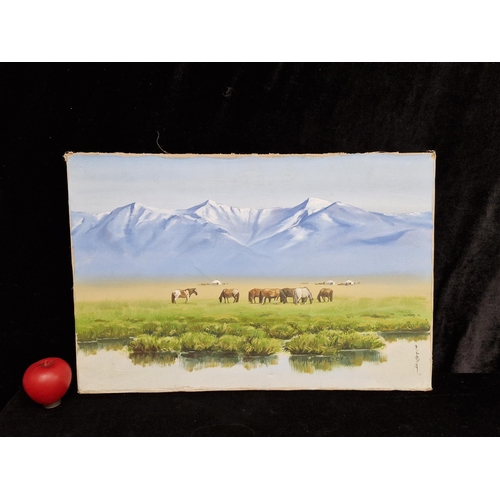 628 - Star Lot : A wonderful original oil on canvas painting. Features horses grazing near the mountains b... 