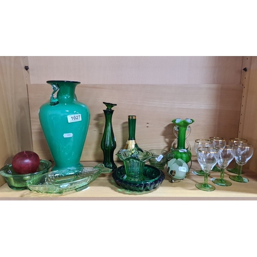 1027 - Mixed green glassware lot features 11 green glass items including vases, bowls, candle holders, and ... 