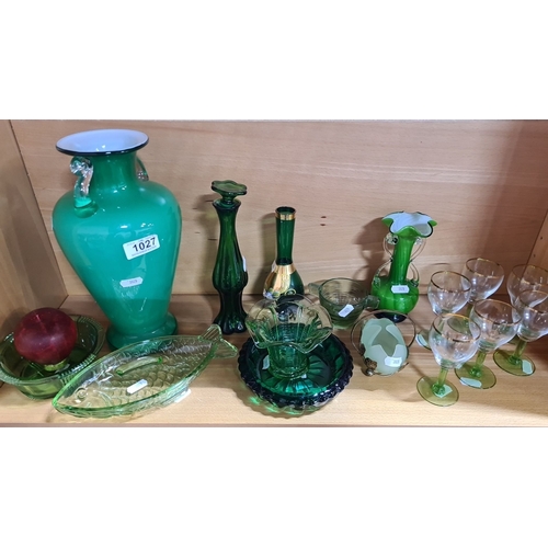 1027 - Mixed green glassware lot features 11 green glass items including vases, bowls, candle holders, and ... 