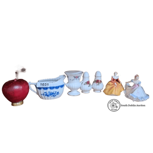 1031 - Set of ceramic collectibles includes a German blue and white jug, a floral vase, salt and pepper sha... 