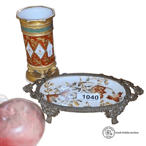 1040 - A Porcelain vase and oval plate feature intricate floral designs. The plate is marked with a crown e... 