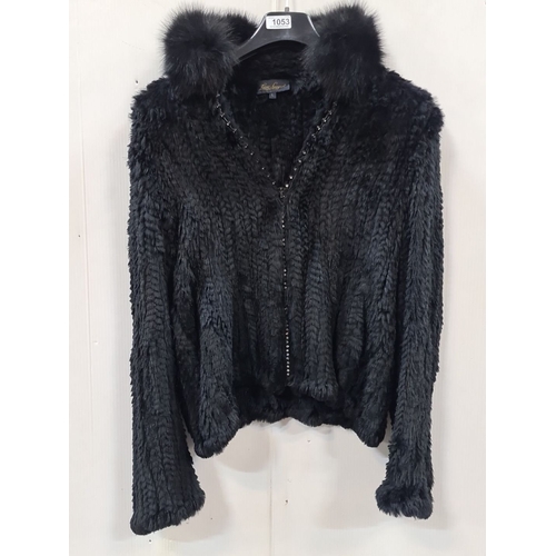 1053 - A vintage luisa spagnoli Black faux fur jacket with knitted detail and fur collar, size L.