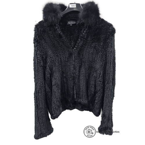 1053 - A vintage luisa spagnoli Black faux fur jacket with knitted detail and fur collar, size L.