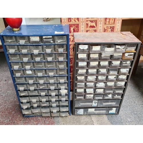 1064 - Pair of vintage multi-drawer storage cabinets with individual labelled bins.