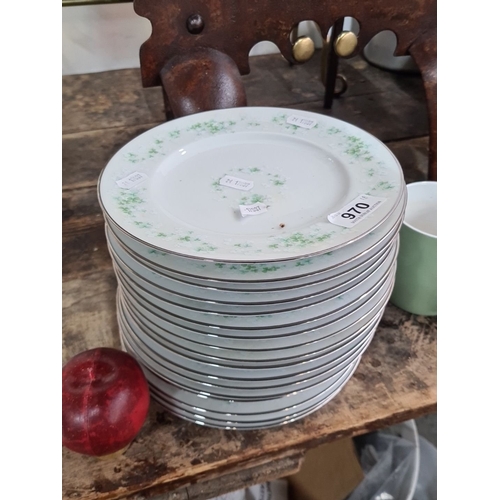 970 - A Set of twelve Noritake Killarney dinner plates, decorated with delicate green floral pattern, mark... 