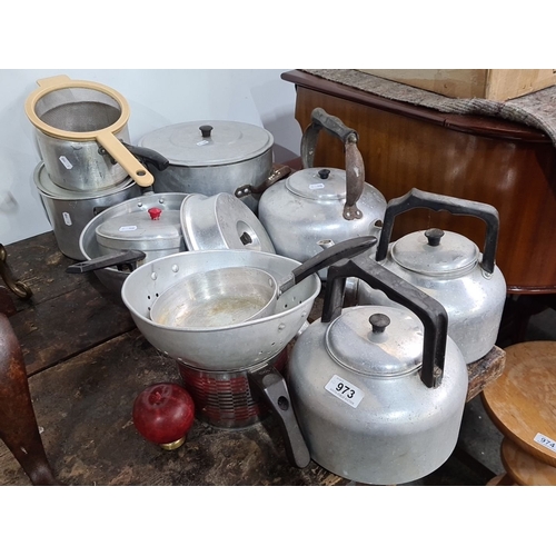 973 - Collection of vintage aluminum kitchenware, including teapots, saucepans with lids, steamer insert, ... 