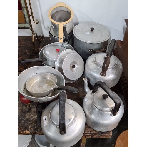 973 - Collection of vintage aluminum kitchenware, including teapots, saucepans with lids, steamer insert, ... 