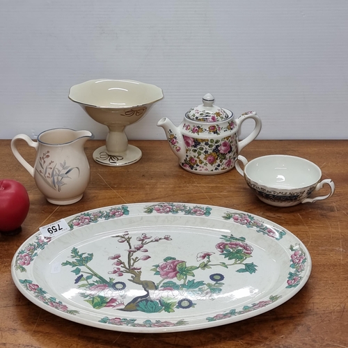 A nice selection of ceramic items including a Portmeirion Pottery large crackled serving dish, a Keltcraft Noritake pitcher jug, and a Rialto Ironstone ware by Myott twin handled bowl. All in good condition with stamps to base.