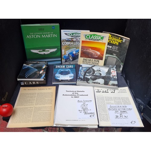 1145 - A large box comprising of motor car ephemera including vintage car magazines such as Road & Track ex... 