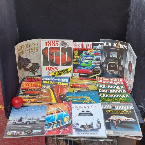 1145 - A large box comprising of motor car ephemera including vintage car magazines such as Road & Track ex... 