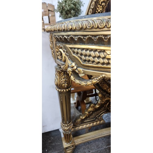 372 - Super Star Lot : A stunning ornate Baroque style marble topped demi-lune console table with gilded b... 