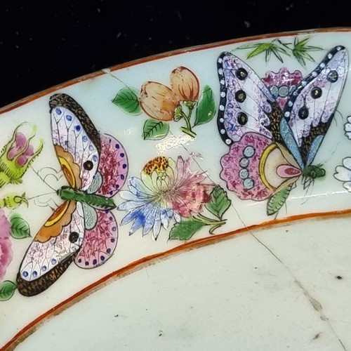 555 - A large stunning hand painted Chinese ceramic dish featuring flowers and butterflies in soft shades ... 