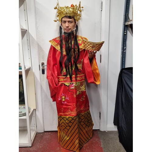 600 - A traditional Asian emperors costume with kimono, headdress's, collar, belt and beard. A very fun lo... 