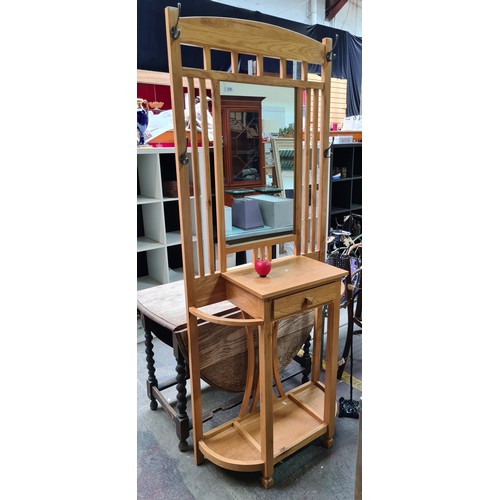 335 - Star Lot : A beautifully hand crafted pine hall stand with mirror to front, along with four coat hoo... 