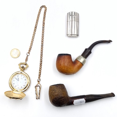 1003 - A mixed lot of vintage items including two tobacco pipes, a gold toned Citron International quartz p... 