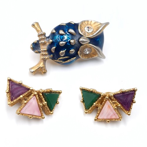 36 - A collection of vintage D'orlan 1980's gold plated earrings. Together with an enamelled owl brooch w... 