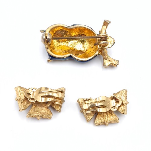 36 - A collection of vintage D'orlan 1980's gold plated earrings. Together with an enamelled owl brooch w... 