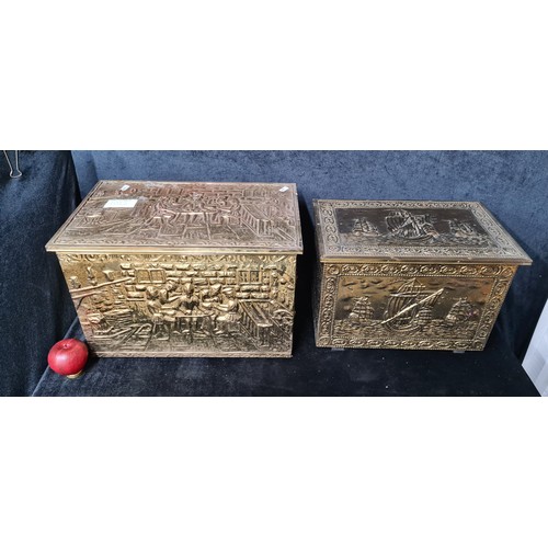 1022 - Two fantastic examples of hammered and embossed brass coal hinged lid scuttles. Lovely design throug... 