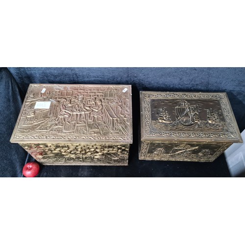 1022 - Two fantastic examples of hammered and embossed brass coal hinged lid scuttles. Lovely design throug... 