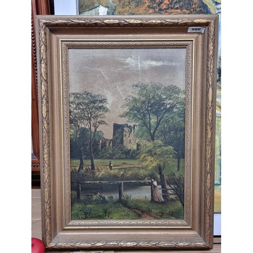 960 - A serene 1913 original oil on canvas painting titled 'Blarney Castle, Cork'. Features the titular la... 