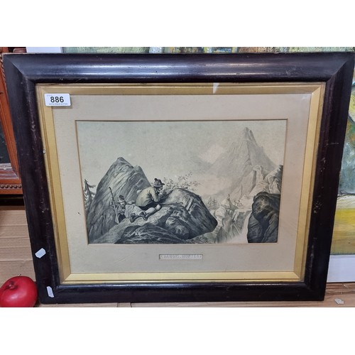 886 - An aquatint engraving titled 'Chamois. Hunters'. Housed in a wooden gilt frame behind glass.