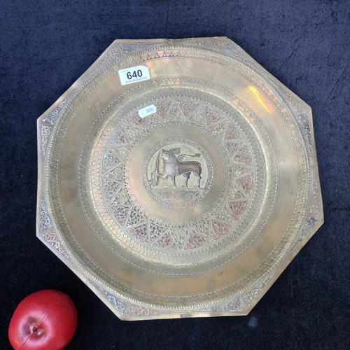 640 - A lovely large brass deep dish tray from Sri Lanka  design and a Lankan lion with sword.