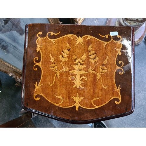 364 - Star Lot : A pair of French floral marquetry night stands. Exquiste detail to each, featuring brass ... 