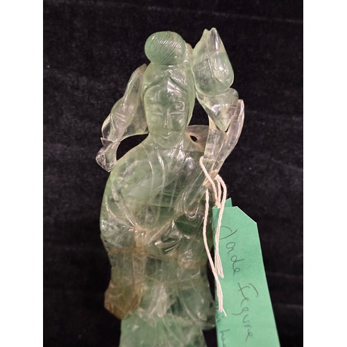 641 - Star Lot : A nice antique Chinese carved figure of Guanyin in green jade. Dimensions: H - 16 cms, W ... 