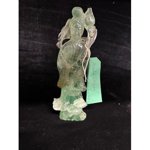 641 - Star Lot : A nice antique Chinese carved figure of Guanyin in green jade. Dimensions: H - 16 cms, W ... 