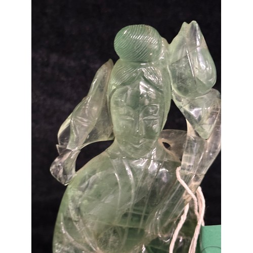 641 - Star Lot : A nice antique Chinese carved figure of Guanyin in green jade. Dimensions: H - 16 cms, W ... 