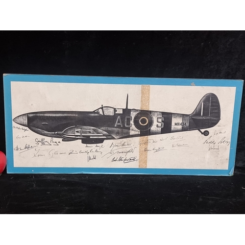 101 - An interesting vintage print on paper of a World War II Spitfire fighter plane with printed signatur... 